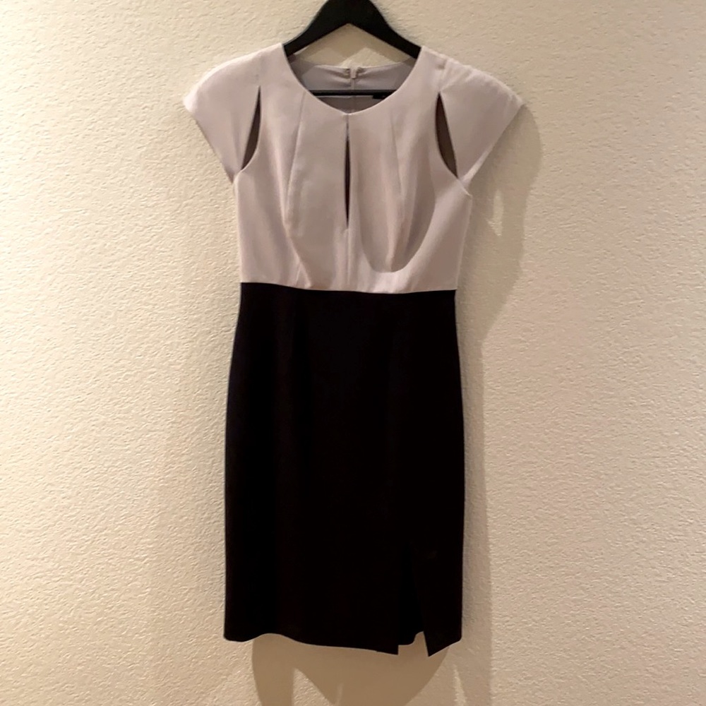 Black halo size 6 to 2 tone dress.  Gray top, black bottom.
